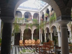 Hôtel de charme à Cordoue, style andalou, patio avec des plantes vertes